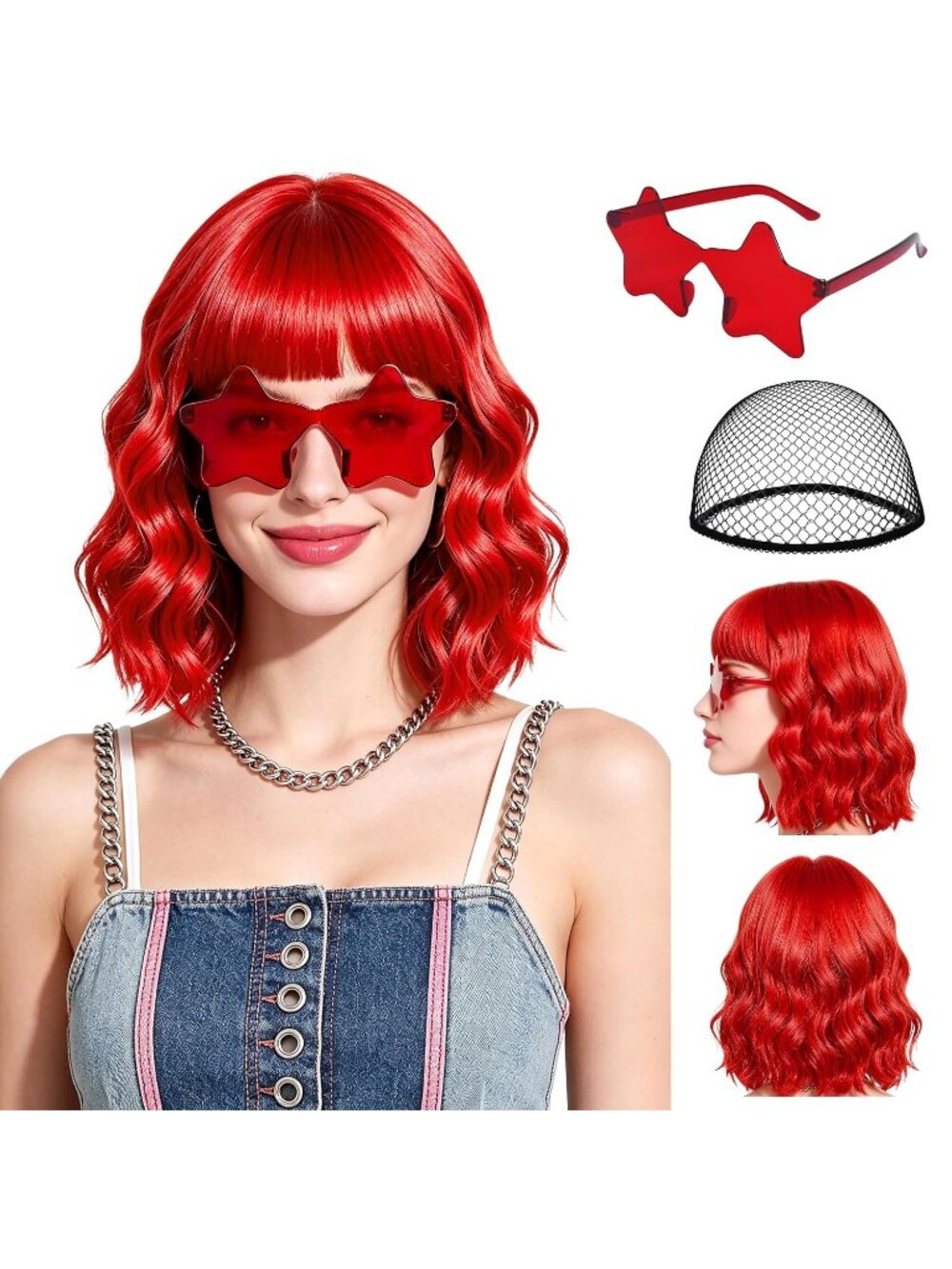 Women's Red Short Wavy Bob Bangs 15.7 Inch Heat Resistant Synthetic Wig